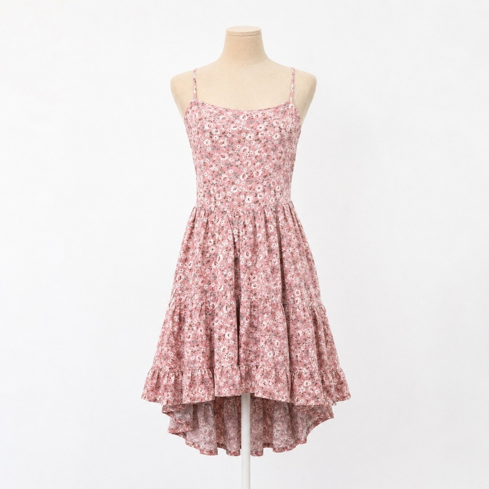 Floral Tiered Sleeveless Mini Dress XS Pink Boho Cottage Beach Vacation Twee